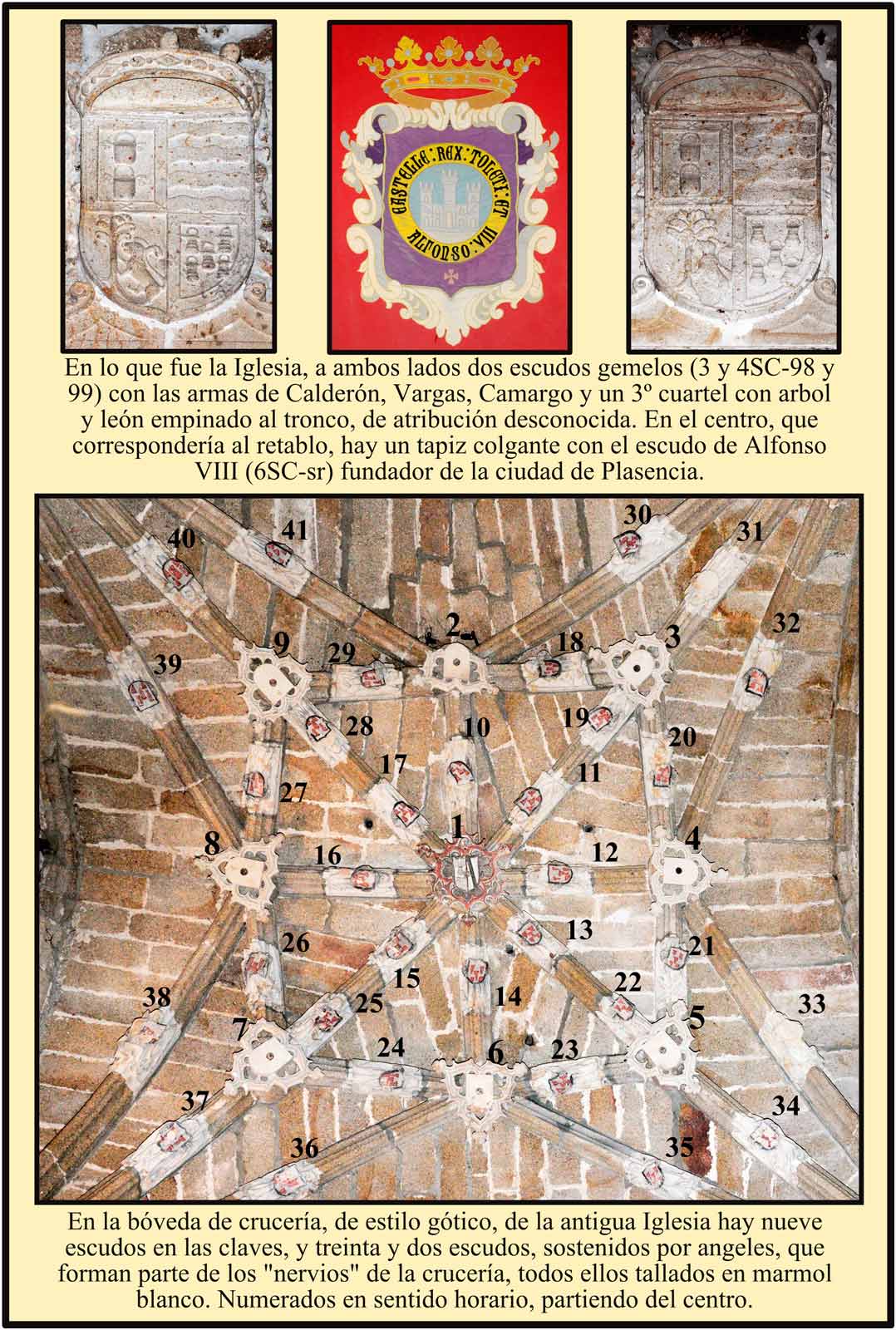 Boveda de cruceria, escudos de cargas, camargo, carvajal y plasencia