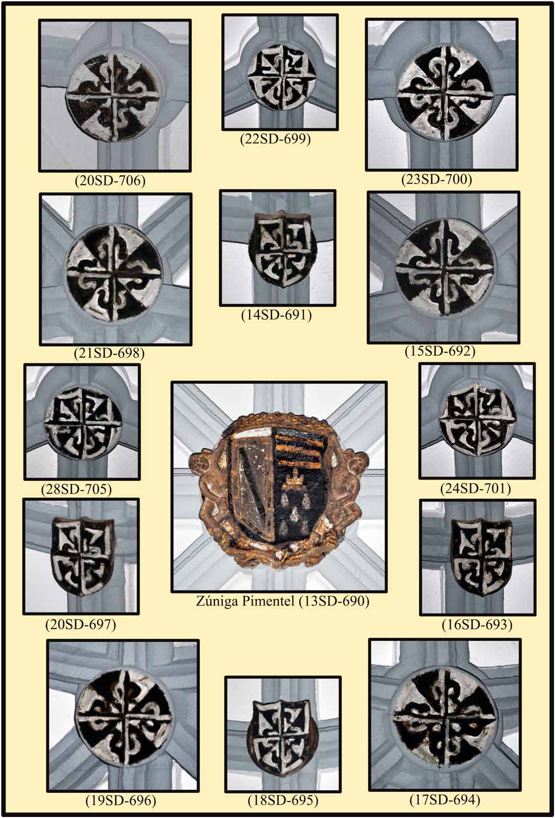 Escudos de la boveda del coro bajo Predicadores Zuñiga Pimentel