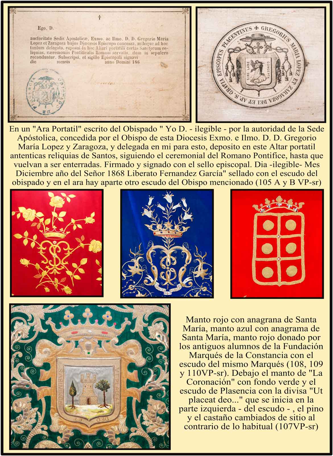 Camarin de la Virgen del Puerto: Escudos del Obispo Lopez y Zaragoza, marques de la Constancia, anagramas de María