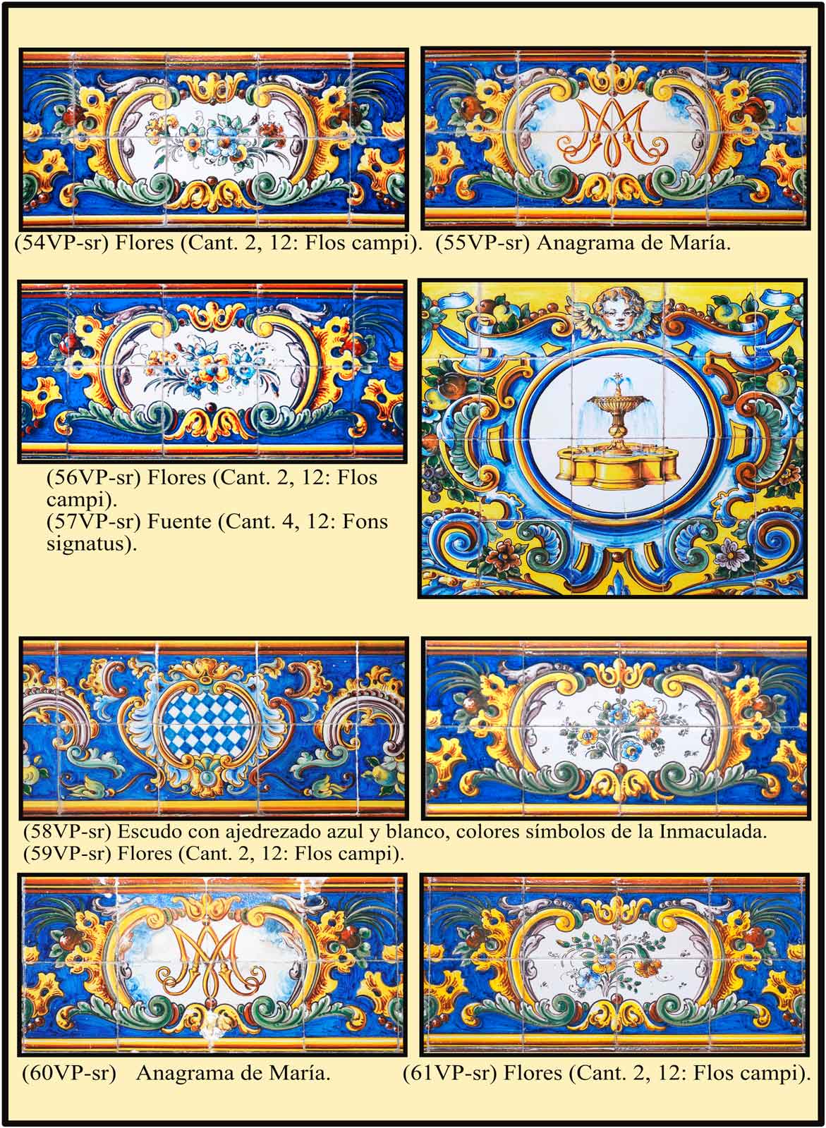 Azulejos con flores, fuente y distintos simbolos de Maria virgen