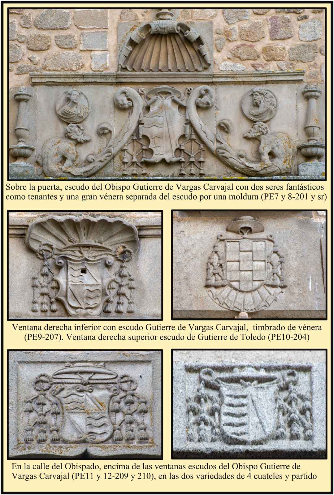 escudos de obispos en la fachada del Palacio Episcopal de Plasencia