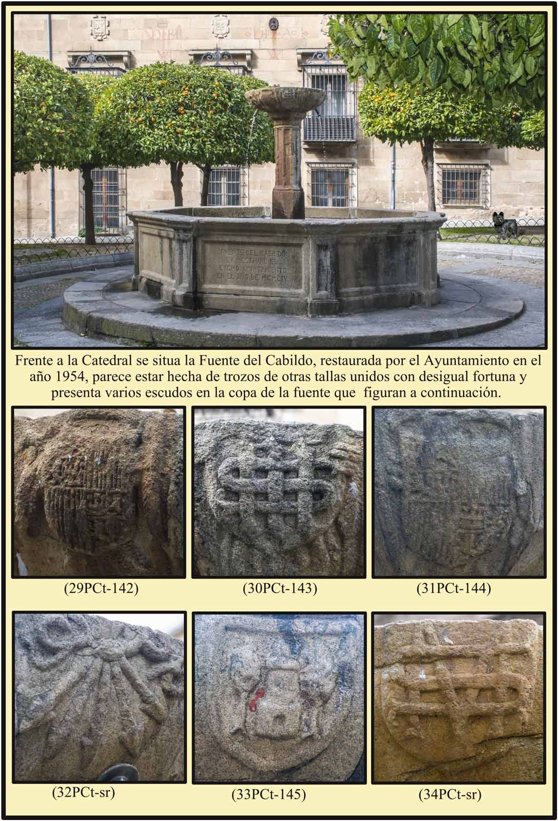 Plaza de la Catedral Fuente del Cabildo escudos en la copa Reyes Catolicos Plasencia Santa Maria